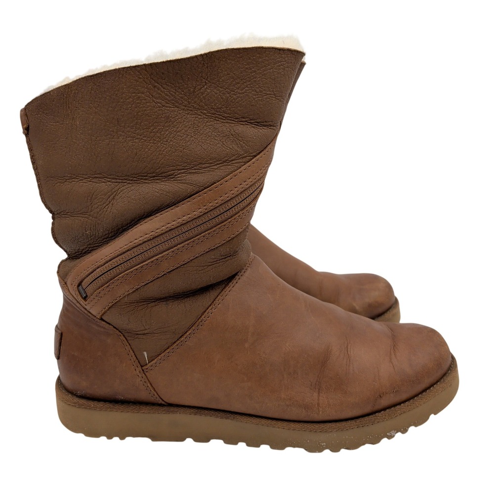 UGG Alba 1014442 Women Brown Leather Shearling Lined Zip Mid Calf Boots Size 8.5